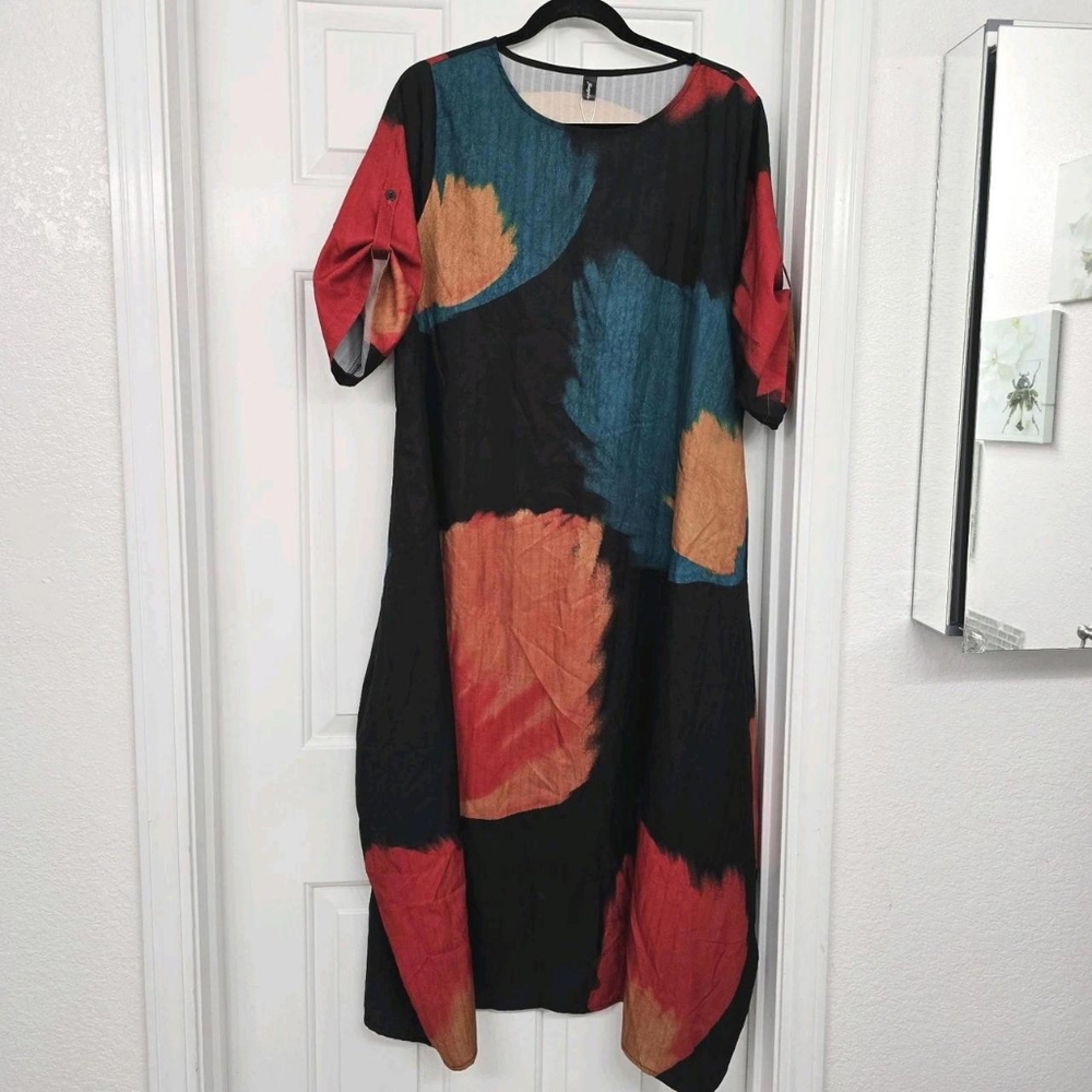Soolinen Women's Black Tunic Colorblocked Natural Linen Boho Pockets Dress